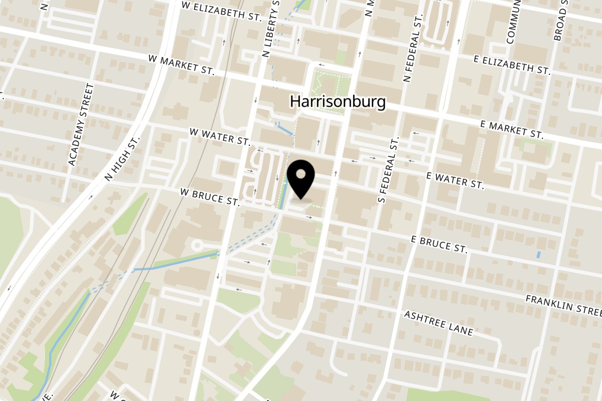 Map showing the location of Ruby's Arcade on 165 S Main St #100b in Harrisonburg